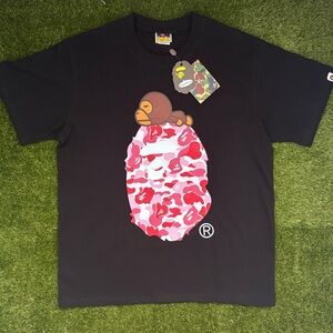 Bape Black Tee with Red and Pink Graphic